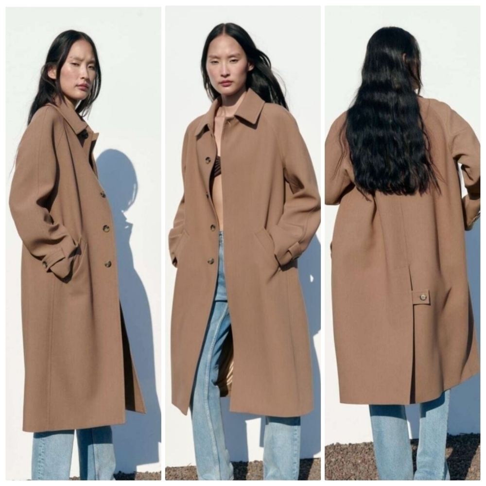 New Zara Champagne Long Pocket Coat Ref 2848/948 Small